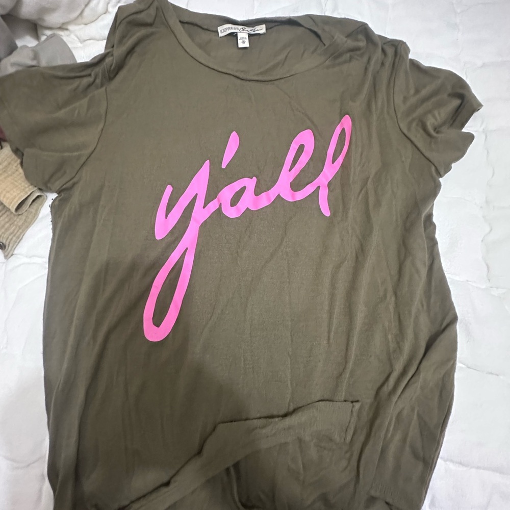 Express Olive Green Blouse with Pink Script